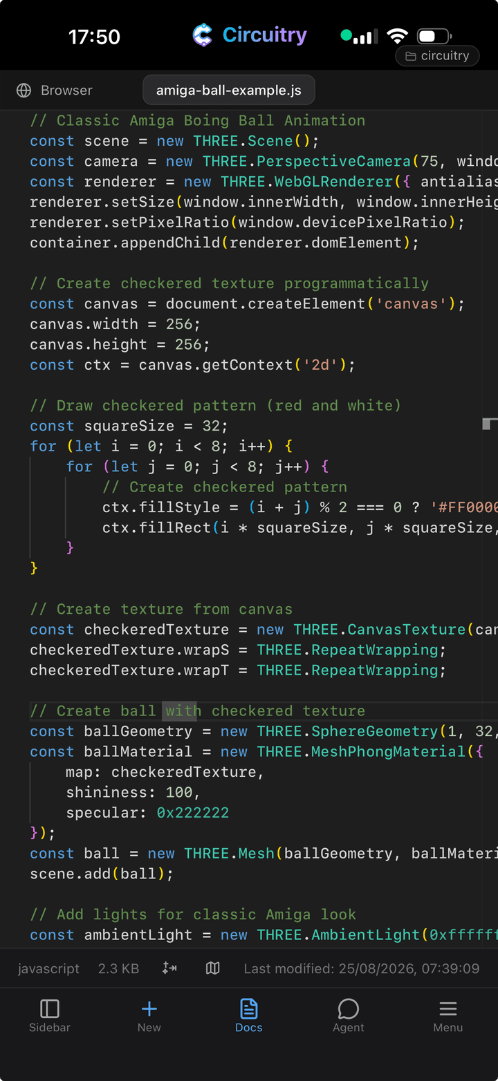 Circuitry on iPhone, editing a Three.js scene in the code editor