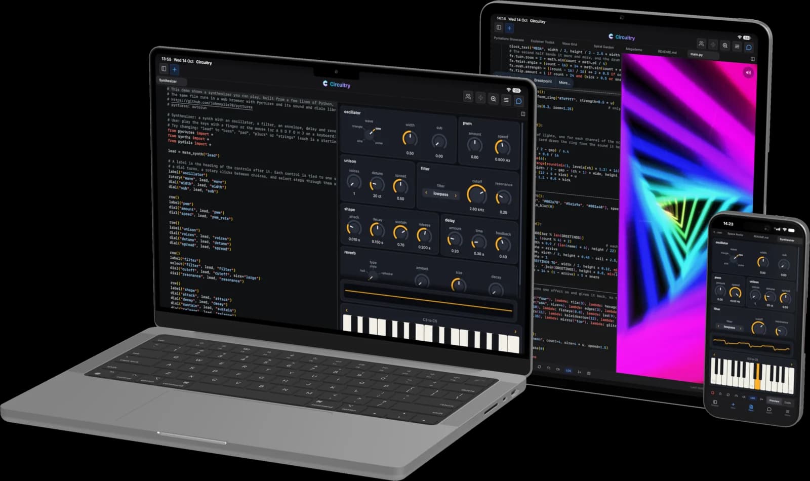 Circuitry on a laptop, an iPad and an iPhone: the Synthesizer demo's Python code and its dials on the laptop and phone, a visual-effects scene on the iPad